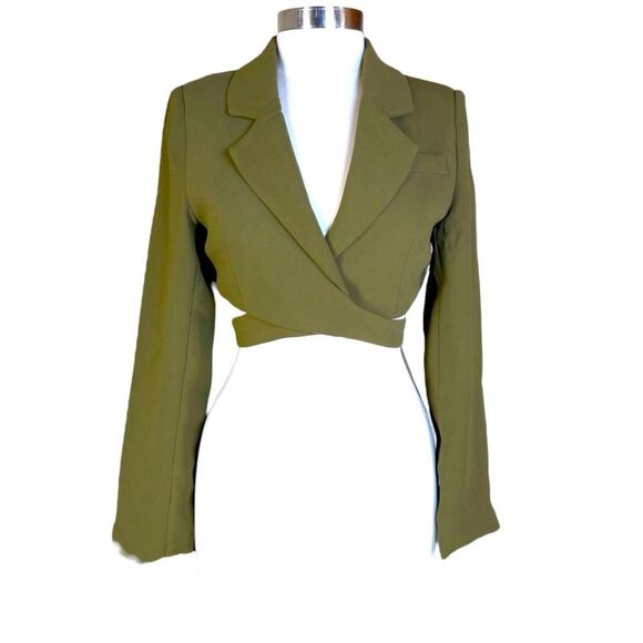 Ronny Kobo Torn Zuna Cropped Blazer Wrap Button Back Shoulders Pads Olive Green - Picture 1 of 6